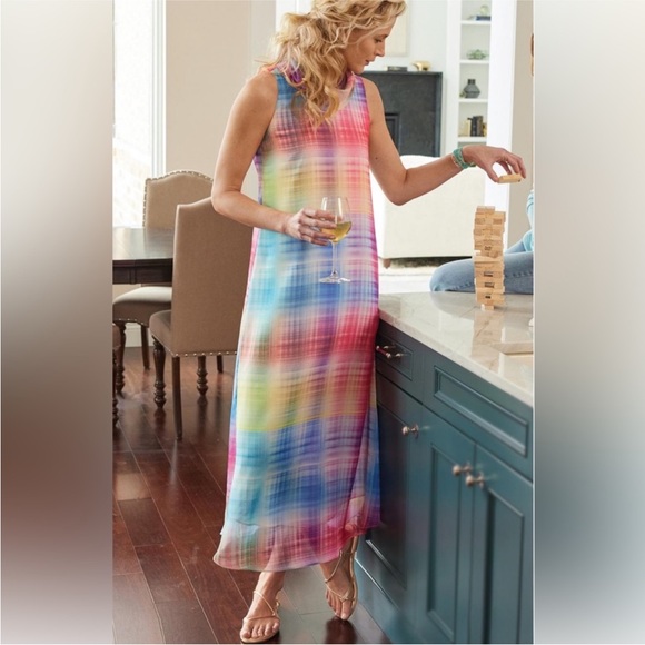 Soft Surroundings Dresses & Skirts - Soft Surroundings Carnevale Multi Plaid Maxi Dress Cowl Neck Pink Yellow Blue L